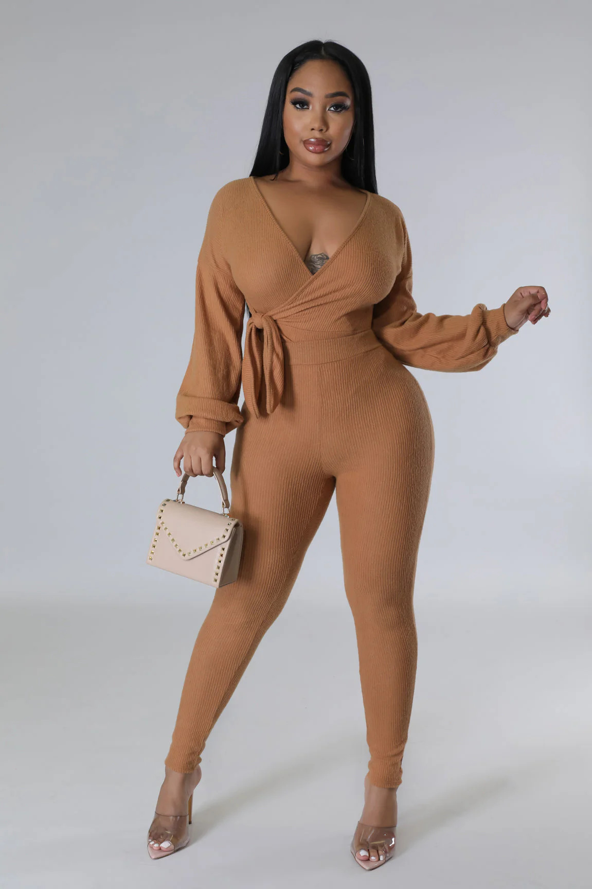 Women Solid Autumn V-Neck Long-Sleeved Lantern Sleeve Top and Pants Two-Piece Set