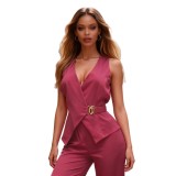 Women's Summer Career Sleeveless V-Neck Vest and Wide-Leg Pants Set