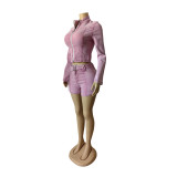 Women long sleeve Top and Denim shorts belt Two Piece Set