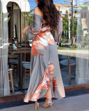 Women Off Shoulder Bell Bottom Sleeve Print Tie-Up Dress