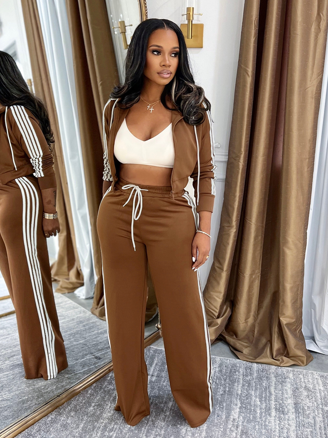 Women Casual Zipper Top and Pant Two Piece Set
