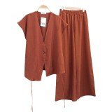 Women's Summer Chic Career V-Neck Tie Waist Top Wide-Leg Pants Two-Piece Set