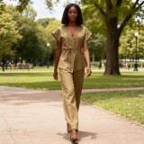 Women's Summer Chic Career V-Neck Tie Waist Top Wide-Leg Pants Two-Piece Set