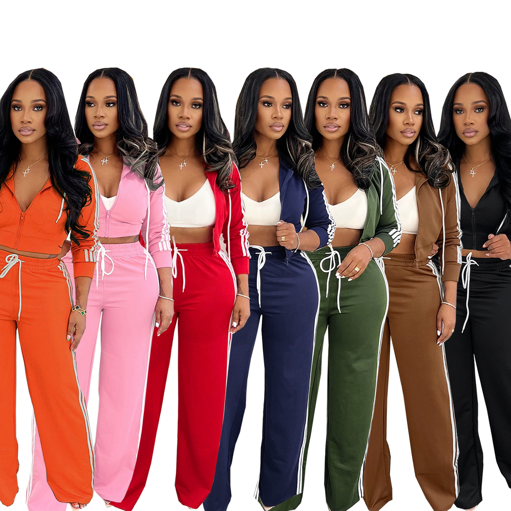 Women Casual Zipper Top and Pant Two Piece Set