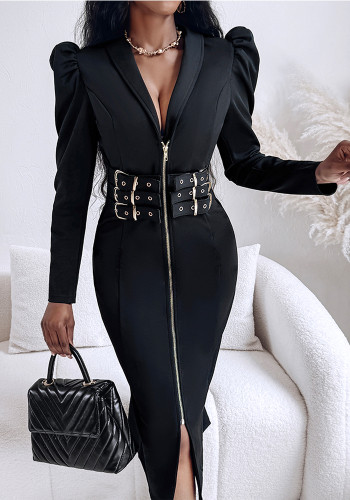 Women Black V-Neck Metal Buckle Maxi Dress