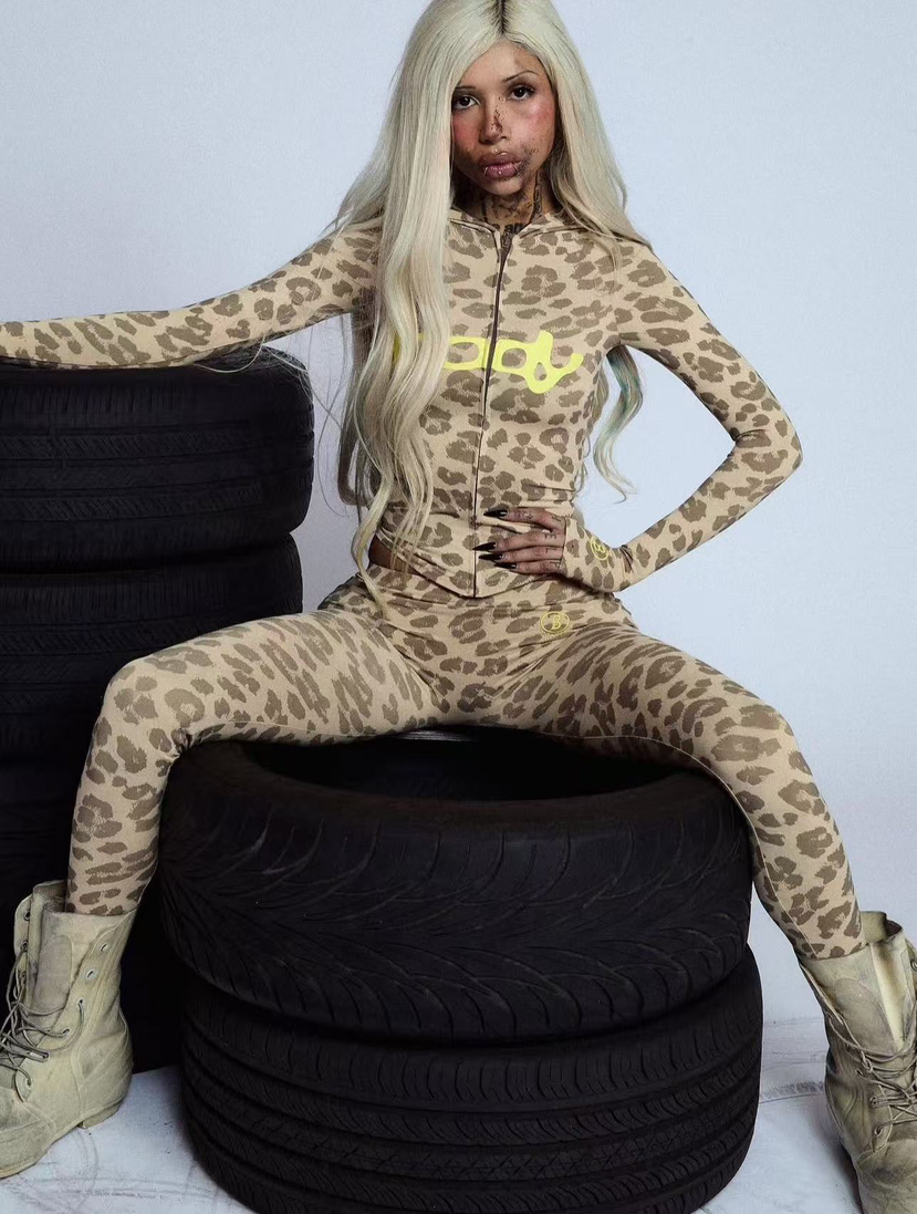 Women leopard print letter print hooded long-sleeved jacket top + printed trousers two-piece set