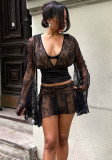Women's Autumn Winter Sexy See Throught Lace V-Neck Long Sleeve Slim Waist Short Skirt Set