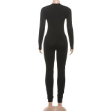 Women's Autumn Fashion Street Solid Color Print Round Neck Tight Fitting Jumpsuit