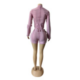 Women long sleeve Top and Denim shorts belt Two Piece Set