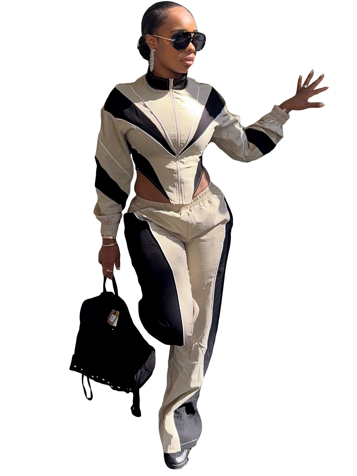 Women Color Block Patchwork Zipper Top and Panties Two-Piece Set