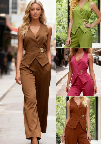 Women's Summer Career Sleeveless V-Neck Vest and Wide-Leg Pants Set