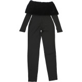 Women's Autumn Winter Fashion Chic Elegant Off-Shoulder Fur Collar Patchwork Tight Fitting Jumpsuit