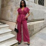 Women's Summer Chic Career V-Neck Tie Waist Top Wide-Leg Pants Two-Piece Set