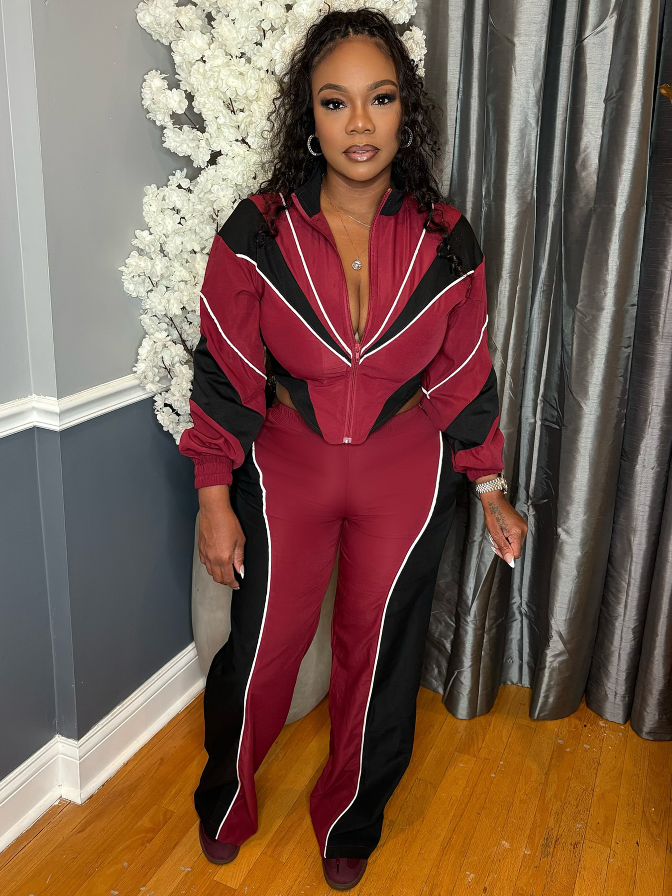 Women Color Block Patchwork Zipper Top and Panties Two-Piece Set