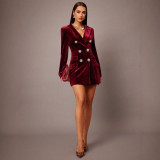 Women's Chic Turndown Collar Double-Breasted Velvet Blazer Dress