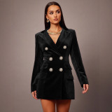 Women's Chic Turndown Collar Double-Breasted Velvet Blazer Dress