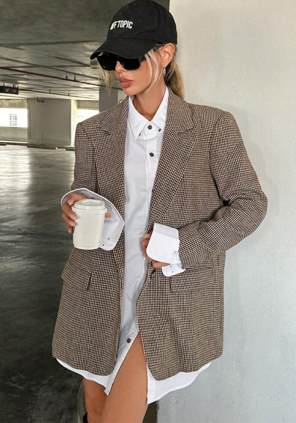 Women's Autumn Winter Street Oversized Houndstooth Blazer