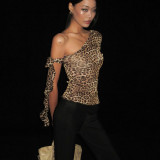 Women's Autumn Winter Street Slash Shoulder Sexy Leopard Print Slim Fitted Top