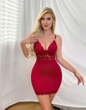 Women Red Lace Bow Camisole Nightgown