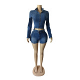 Women long sleeve Top and Denim shorts belt Two Piece Set