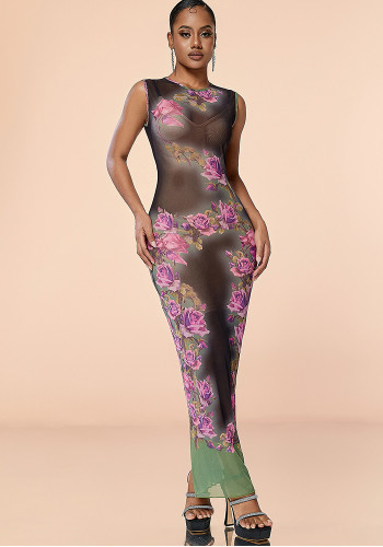 Women sexy printed sleeveless bodycon maxi dress