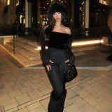 Women's Autumn Winter Fashion Chic Elegant Off-Shoulder Fur Collar Patchwork Tight Fitting Jumpsuit