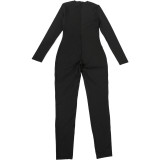 Women's Autumn Fashion Street Solid Color Print Round Neck Tight Fitting Jumpsuit