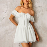 Women's Summer Fashion Sexy Low Back Off-Shoulder Lace Patchwork A-Line Short Dress