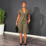 Women's Elegant Career Lace-Up Slim Waist Top and Mid-Pants Two-Piece Set