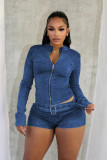 Women long sleeve Top and Denim shorts belt Two Piece Set