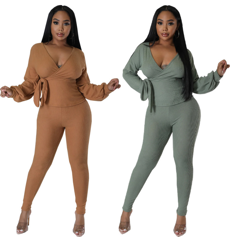 Women Solid Autumn V-Neck Long-Sleeved Lantern Sleeve Top and Pants Two-Piece Set