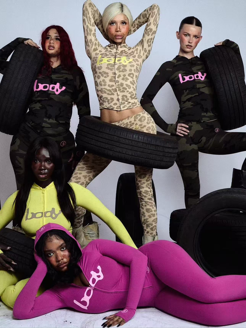 Women leopard print letter print hooded long-sleeved jacket top + printed trousers two-piece set