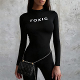 Women's Autumn Fashion Street Solid Color Print Round Neck Tight Fitting Jumpsuit