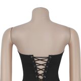 Women Sexy Strapless Lace-Up Ruffle Dress