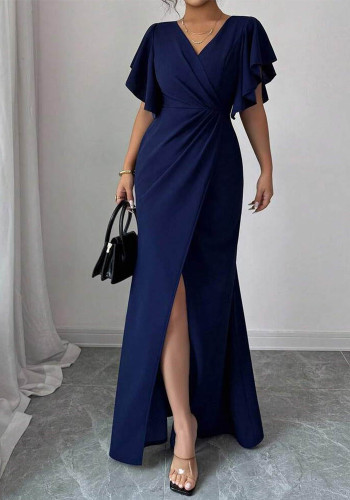Women Summer Solid V-Neck Ruffle Sleeve Dress