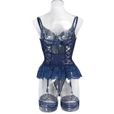 Women Lace-Up Underwire Panties Sexy Lingerie Two-Piece Set