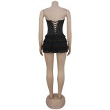 Women Sexy Strapless Lace-Up Ruffle Dress