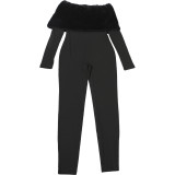 Women's Autumn Winter Fashion Chic Elegant Off-Shoulder Fur Collar Patchwork Tight Fitting Jumpsuit