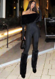 Women's Autumn Winter Fashion Chic Elegant Off-Shoulder Fur Collar Patchwork Tight Fitting Jumpsuit