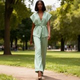 Women's Summer Chic Career V-Neck Tie Waist Top Wide-Leg Pants Two-Piece Set