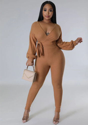 Women Solid Autumn V-Neck Long-Sleeved Lantern Sleeve Top and Pants Two-Piece Set