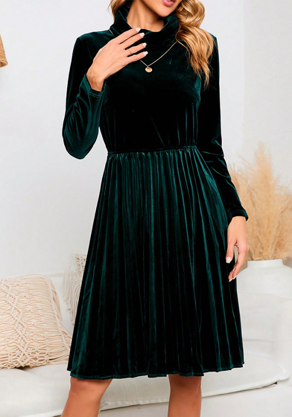 Women's Autumn Elegant Chic Solid Color Long Sleeve Velvet Dress