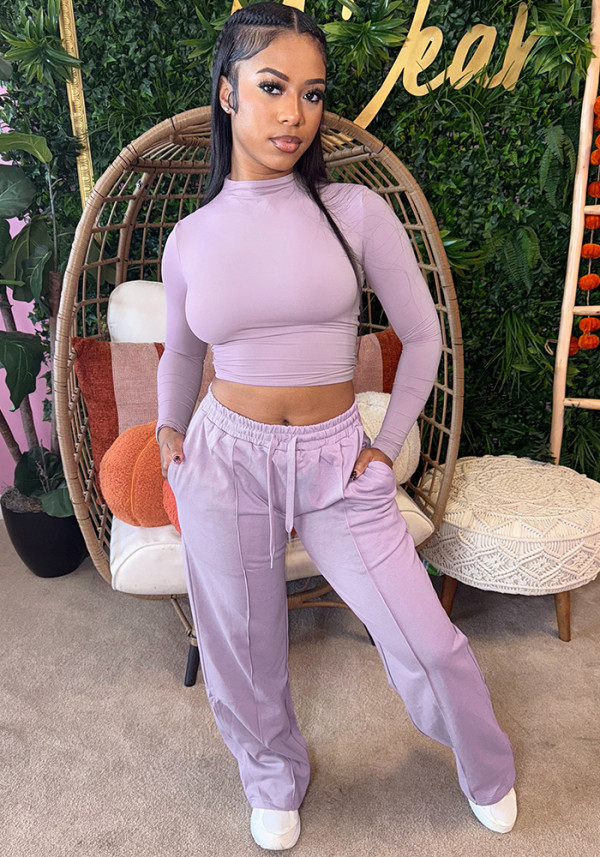 Women's Casual Career Solid Color Cropped Top and Straight Pants Sportswear Set