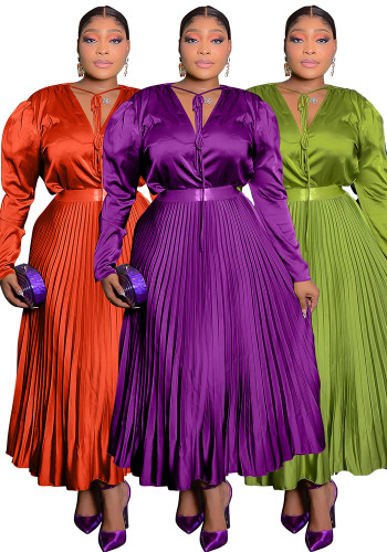 Women Autumn Solid Lace-Up Pleated Long Sleeve Dress