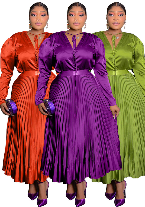 Women Autumn Solid Lace-Up Pleated Long Sleeve Dress