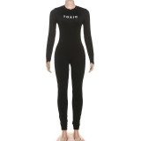 Women's Autumn Fashion Street Solid Color Print Round Neck Tight Fitting Jumpsuit