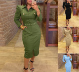 Women Dark Green Puff Sleeve Turndown Collar Lace-Up Maxi Dress