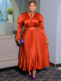 Women Autumn Solid Lace-Up Pleated Long Sleeve Dress