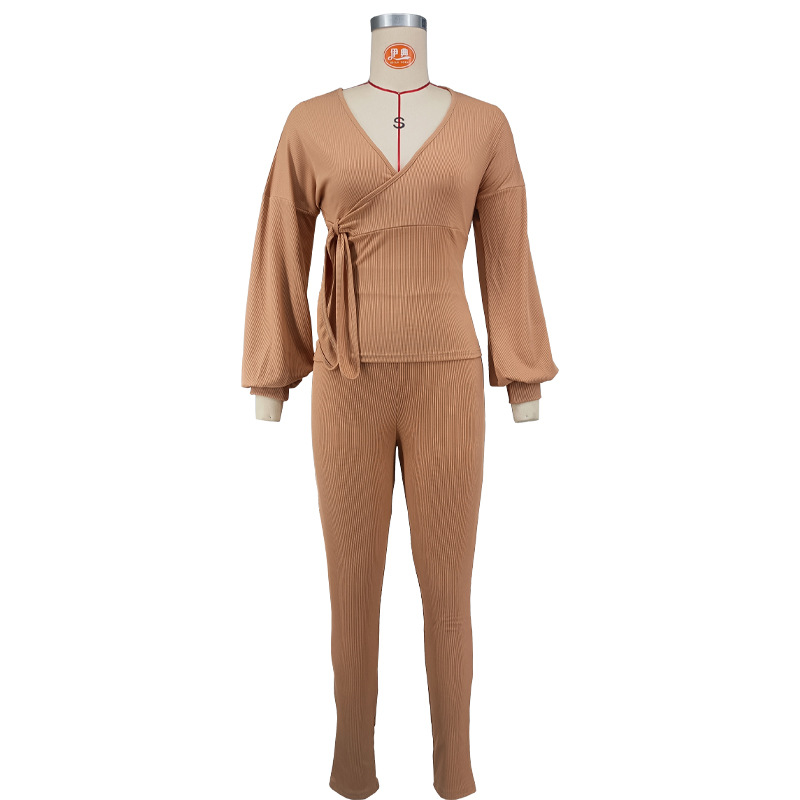 Women Solid Autumn V-Neck Long-Sleeved Lantern Sleeve Top and Pants Two-Piece Set