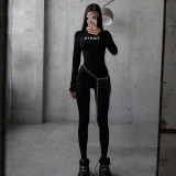 Women's Autumn Fashion Street Solid Color Print Round Neck Tight Fitting Jumpsuit